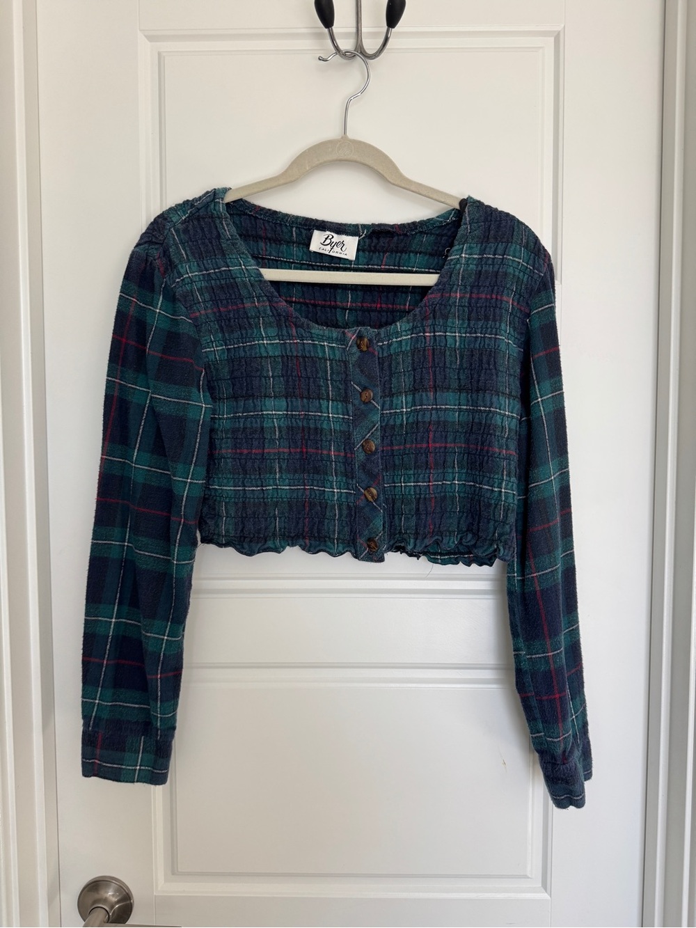 Vintage 70s Byer California Womens Plaid Cropped Top Long Sleeve Green Small